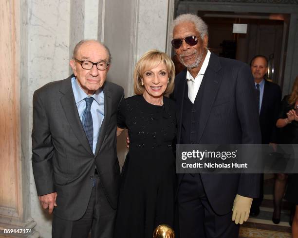 Frmr. Chairman of the Federal Reserve Alan Greenspan, Andrea Mitchell and Morgan Freeman attend the AFI 50th Anniversary Gala at The Library of...