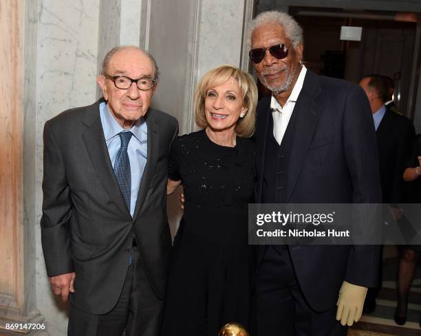 Frmr. Chairman of the Federal Reserve Alan Greenspan, Andrea Mitchell and Morgan Freeman attend the AFI 50th Anniversary Gala at The Library of...