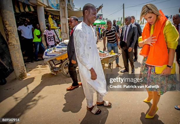 Queen Maxima of The Netherlands visits Diamond Yellow bank agencies of the Diamond Bank of Nigeria on November 1, 2017 in Abuja, Nigeria.