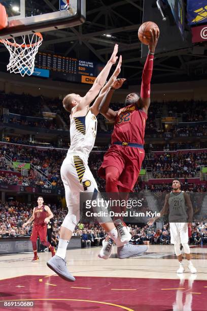 Jeff Green of the Cleveland Cavaliers drives to the basket against the Indiana Pacers on November 1, 2017 at Quicken Loans Arena in Cleveland, Ohio....