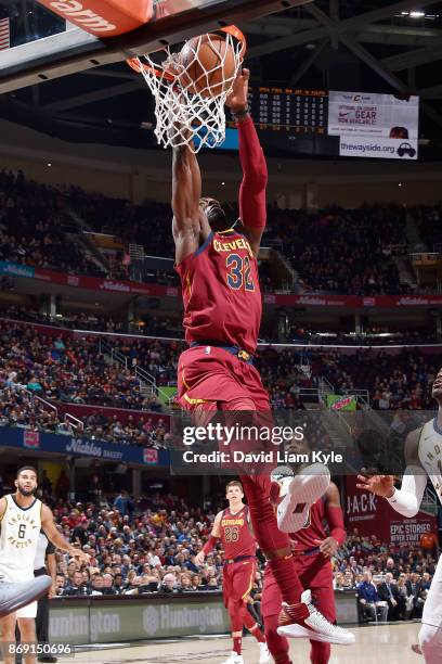 Jeff Green of the Cleveland Cavaliers dunks the ball against the Indiana Pacers on November 1, 2017 at Quicken Loans Arena in Cleveland, Ohio. NOTE...