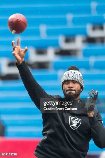 Manuel of the Oakland Raiders warms up before the game against the Buffalo Bills at New Era Field on October 29, 2017 in Orchard Park, New York....