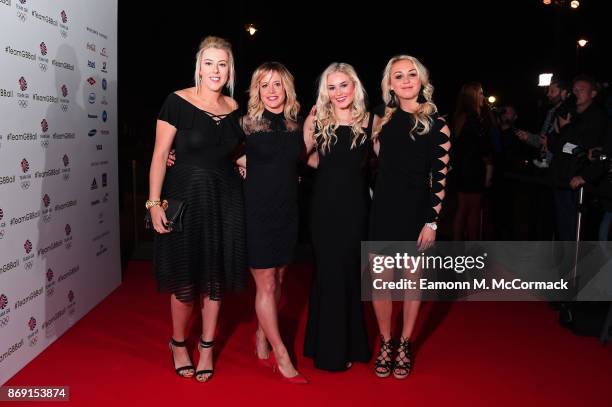 Katie Summerhayes, Jenny Jones, Katie Ormerod and Aimee Fuller attend the Team GB Ball at Victoria and Albert Museum on November 1, 2017 in London,...