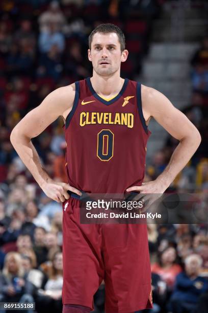 Kevin Love of the Cleveland Cavaliers looks on during the game against the Indiana Pacers on November 1, 2017 at Quicken Loans Arena in Cleveland,...