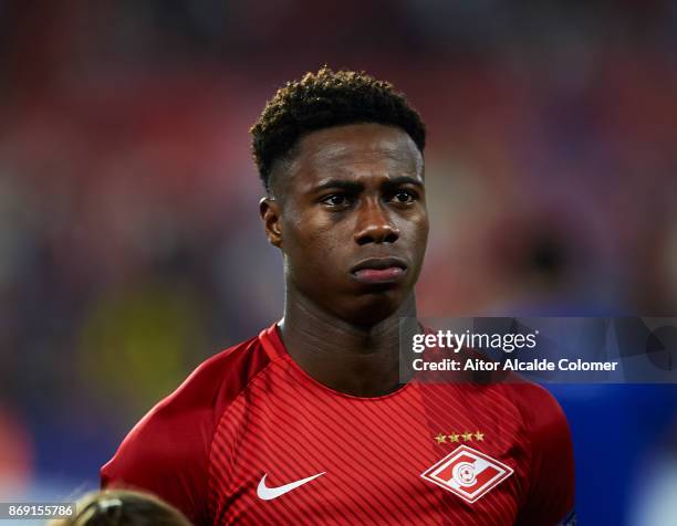 Quincy Promes of FC Spartak Moskva looks on priot to the UEFA Champions League group E match between Sevilla FC and Spartak Moskva at Estadio Ramon...