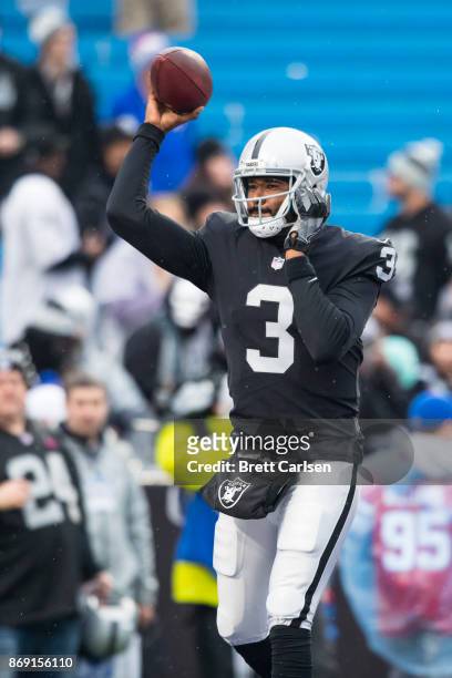 Manuel of the Oakland Raiders warms up before the game against the Buffalo Bills at New Era Field on October 29, 2017 in Orchard Park, New York....