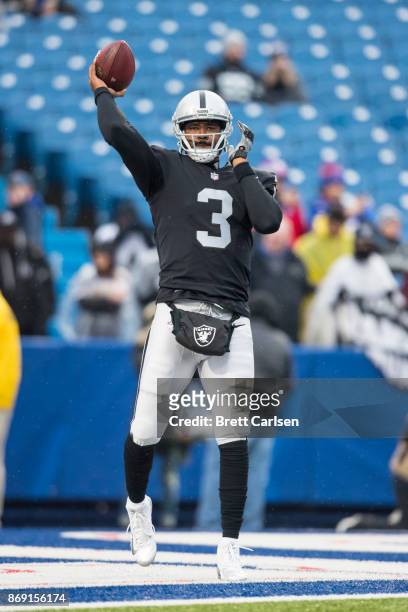 Manuel of the Oakland Raiders warms up before the game against the Buffalo Bills at New Era Field on October 29, 2017 in Orchard Park, New York....