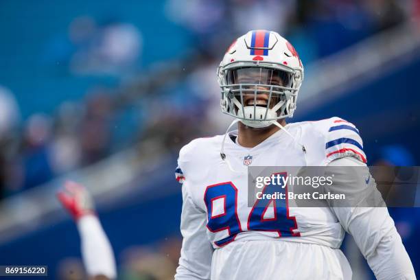 Jerel Worthy of the Buffalo Bills laughs during warmups for the game against the Oakland Raiders at New Era Field on October 29, 2017 in Orchard...