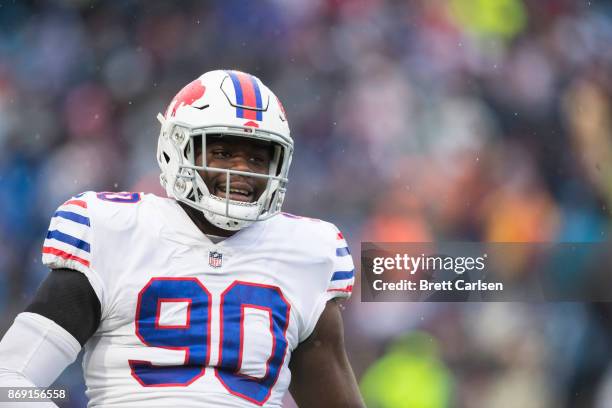 Shaq Lawson of the Buffalo Bills walks on the field during the game against the Oakland Raiders at New Era Field on October 29, 2017 in Orchard Park,...