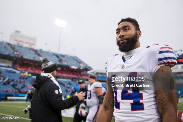 Joe Webb of the Buffalo Bills walks off the field after the game against the Oakland Raiders at New Era Field on October 29, 2017 in Orchard Park,...