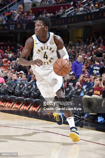 Victor Oladipo of the Indiana Pacers handles the ball against the Cleveland Cavaliers on November 1, 2017 at Quicken Loans Arena in Cleveland, Ohio....