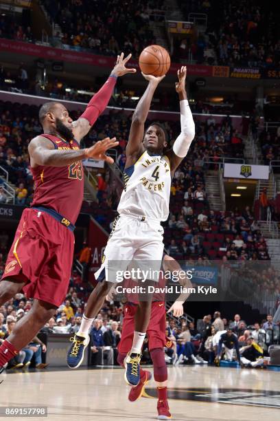 Victor Oladipo of the Indiana Pacers shoots the ball against the Cleveland Cavaliers on November 1, 2017 at Quicken Loans Arena in Cleveland, Ohio....