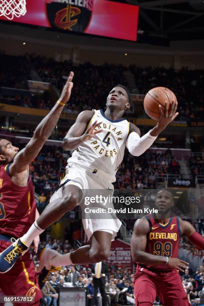 Victor Oladipo of the Indiana Pacers drives to the basket against the Cleveland Cavaliers on November 1, 2017 at Quicken Loans Arena in Cleveland,...