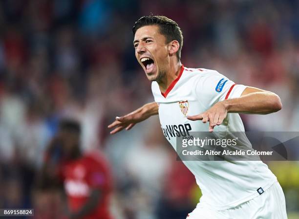 Clement Lenglet of Sevilla FC celebrates after scoring the first goal for Sevilla FC during the UEFA Champions League group E match between Sevilla...