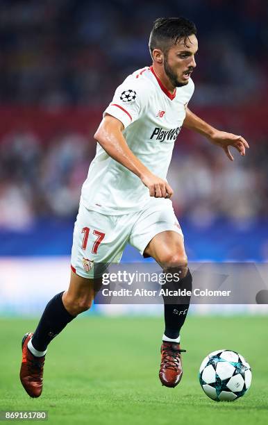 Pablo Sarabia of Sevilla FC in action during the UEFA Champions League group E match between Sevilla FC and Spartak Moskva at Estadio Ramon Sanchez...