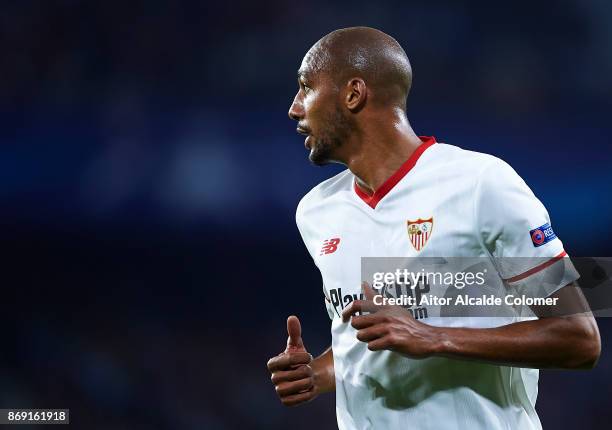 Steven N'Zonzi of Sevilla FC looks during the UEFA Champions League group E match between Sevilla FC and Spartak Moskva at Estadio Ramon Sanchez...