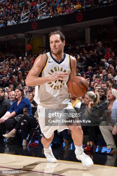 Bojan Bogdanovic of the Indiana Pacers handles the ball against the Cleveland Cavaliers on November 1, 2017 at Quicken Loans Arena in Cleveland,...