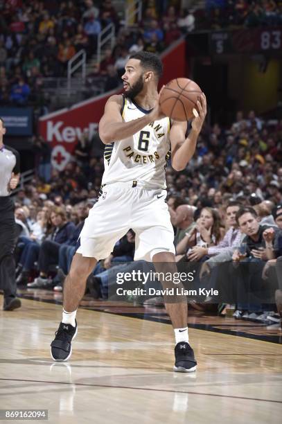 Cory Joseph of the Indiana Pacers handles the ball against the Cleveland Cavaliers on November 1, 2017 at Quicken Loans Arena in Cleveland, Ohio....