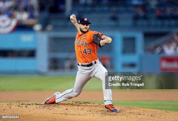 Lance McCullers Jr. #43 of the Houston Astros pitches during Game 7 of the 2017 World Series against the Los Angeles Dodgers at Dodger Stadium on...