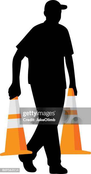 man holding safety cones silhouette - orange traffic cone stock illustrations