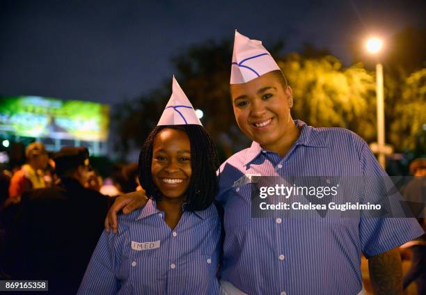 Freddie and Jazzmyne from Buzzfeed dressed as characters from "Good Burger" at the West Hollywood Halloween Carnaval on October 31, 2017 in West...