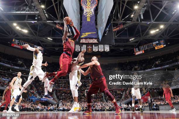 Jeff Green of the Cleveland Cavaliers drives to the basket against the Indiana Pacers on November 1, 2017 at Quicken Loans Arena in Cleveland, Ohio....