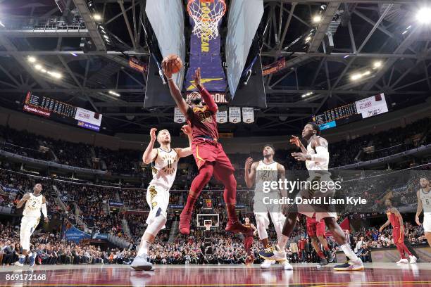 Jae Crowder of the Cleveland Cavaliers drives to the basket against the Indiana Pacers on November 1, 2017 at Quicken Loans Arena in Cleveland, Ohio....