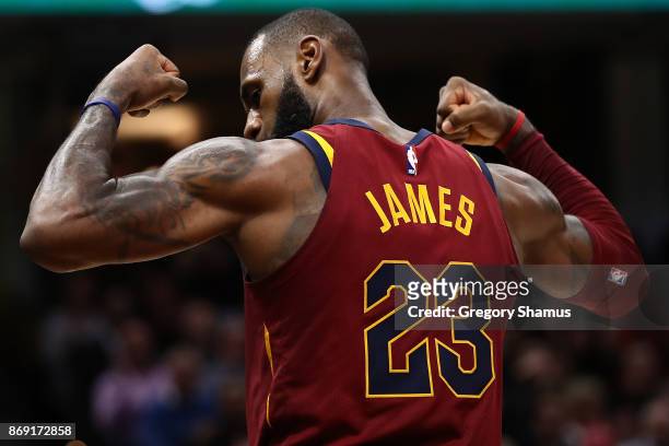 LeBron James of the Cleveland Cavaliers celebrates a second half basket while playing the Indiana Pacers at Quicken Loans Arena on November 1, 2017...