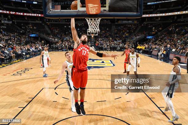 Jonas Valanciunas of the Toronto Raptors shoots the ball against the Denver Nuggets on November 1, 2017 at the Pepsi Center in Denver, Colorado. NOTE...