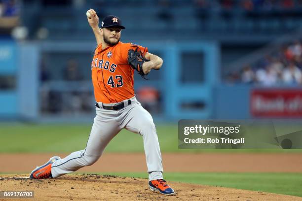 Lance McCullers Jr. #43 of the Houston Astros pitches during Game 7 of the 2017 World Series against the Los Angeles Dodgers at Dodger Stadium on...