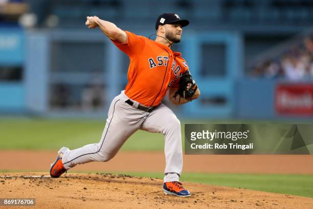 Lance McCullers Jr. #43 of the Houston Astros pitches during Game 7 of the 2017 World Series against the Los Angeles Dodgers at Dodger Stadium on...