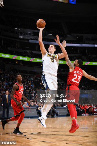Nikola Jokic of the Denver Nuggets shoots the ball against the Toronto Raptors on November 1, 2017 at the Pepsi Center in Denver, Colorado. NOTE TO...