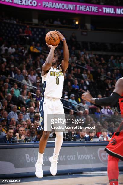Emmanuel Mudiay of the Denver Nuggets shoots the ball against the Toronto Raptors on November 1, 2017 at the Pepsi Center in Denver, Colorado. NOTE...