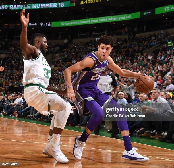 Justin Jackson of the Sacramento Kings handles the ball against the Boston Celtics on November 1, 2017 at the TD Garden in Boston, Massachusetts....