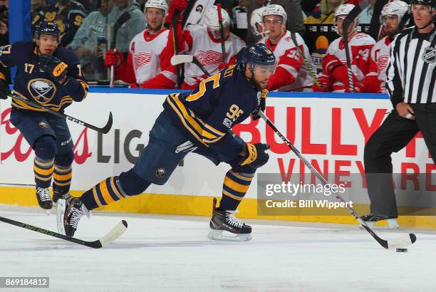 Justin Bailey of the Buffalo Sabres skates against the Detroit Red Wings during an NHL game on October 24, 2017 at KeyBank Center in Buffalo, New...