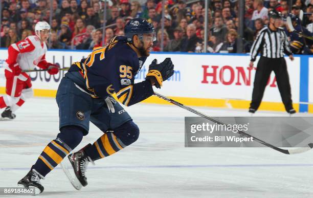 Justin Bailey of the Buffalo Sabres skates against the Detroit Red Wings during an NHL game on October 24, 2017 at KeyBank Center in Buffalo, New...