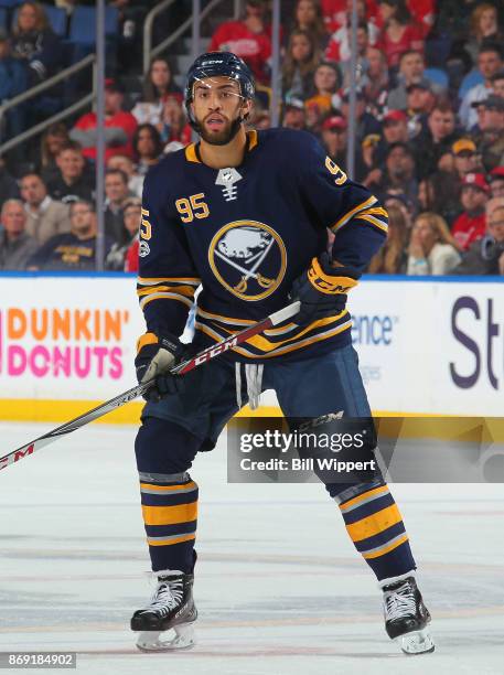 Justin Bailey of the Buffalo Sabres skates against the Detroit Red Wings during an NHL game on October 24, 2017 at KeyBank Center in Buffalo, New...