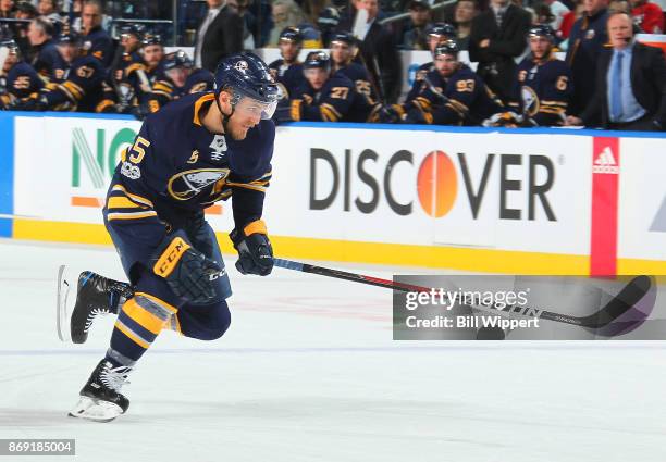 Matt Tennyson of the Buffalo Sabres skates against the Detroit Red Wings during an NHL game on October 24, 2017 at KeyBank Center in Buffalo, New...