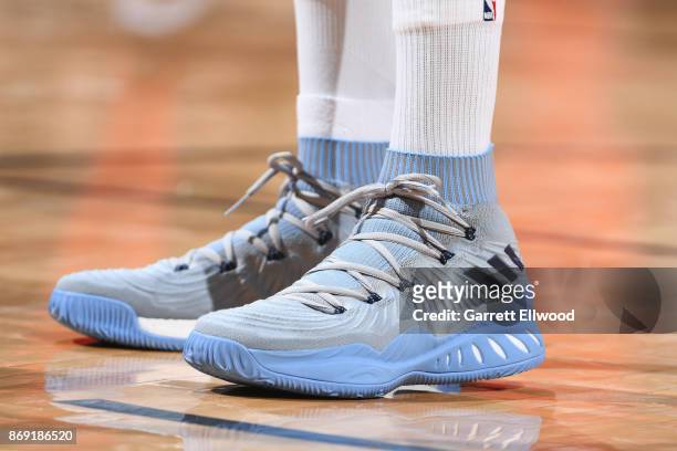 The sneakers of Kenneth Faried of the Denver Nuggets are seen during the game against the Toronto Raptors on November 1, 2017 at the Pepsi Center in...
