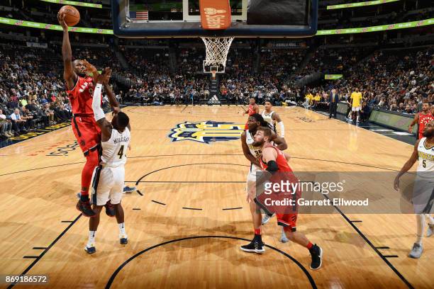 Serge Ibaka of the Toronto Raptors shoots the ball against the Denver Nuggets on November 1, 2017 at the Pepsi Center in Denver, Colorado. NOTE TO...