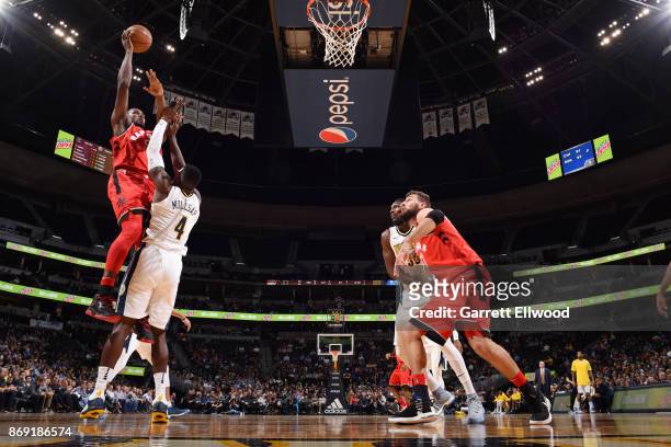 Serge Ibaka of the Toronto Raptors shoots the ball against the Denver Nuggets on November 1, 2017 at the Pepsi Center in Denver, Colorado. NOTE TO...