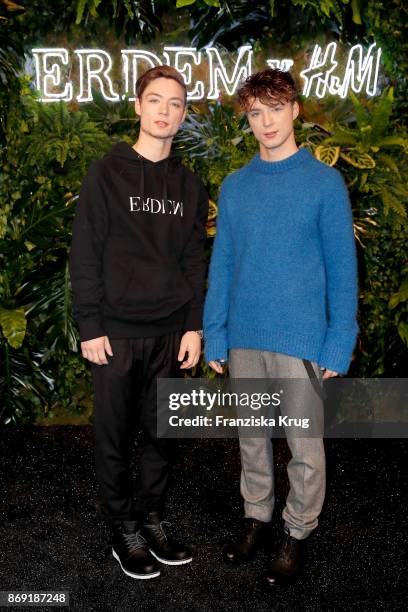 Roman Lochmann and his twin brother Heiko Lochmann, die Lochis wearing ERDEM X H&M attend the ERDEM x H&M Pre-Shopping Event on November 1, 2017 in...