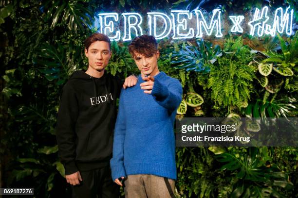 Roman Lochmann and his twin brother Heiko Lochmann, die Lochis wearing ERDEM X H&M attend the ERDEM x H&M Pre-Shopping Event on November 1, 2017 in...