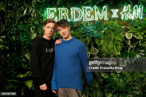 Roman Lochmann and his twin brother Heiko Lochmann, die Lochis wearing ERDEM X H&M attend the ERDEM x H&M Pre-Shopping Event on November 1, 2017 in...