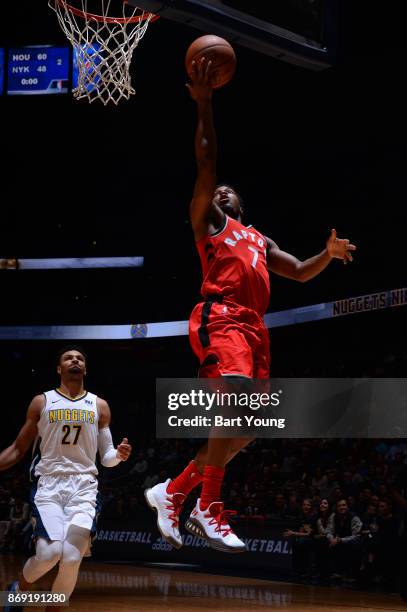 Kyle Lowry of the Toronto Raptors drives to the basket against the Denver Nuggets on November 1, 2017 at the Pepsi Center in Denver, Colorado. NOTE...