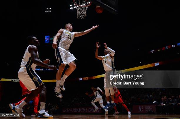 Richard Jefferson of the Denver Nuggets and Jamal Murray of the Denver Nuggets await the ball during the game against the Toronto Raptors on November...