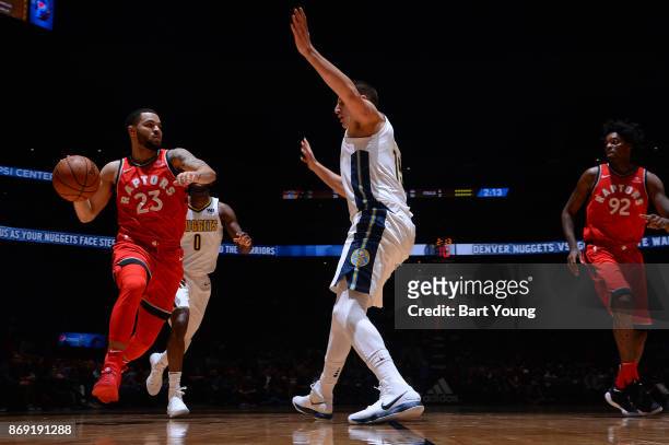 Fred VanVleet of the Toronto Raptors handles the ball against the Denver Nuggets on November 1, 2017 at the Pepsi Center in Denver, Colorado. NOTE TO...