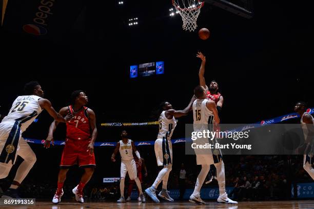 Jonas Valanciunas of the Toronto Raptors shoots the ball against the Denver Nuggets on November 1, 2017 at the Pepsi Center in Denver, Colorado. NOTE...