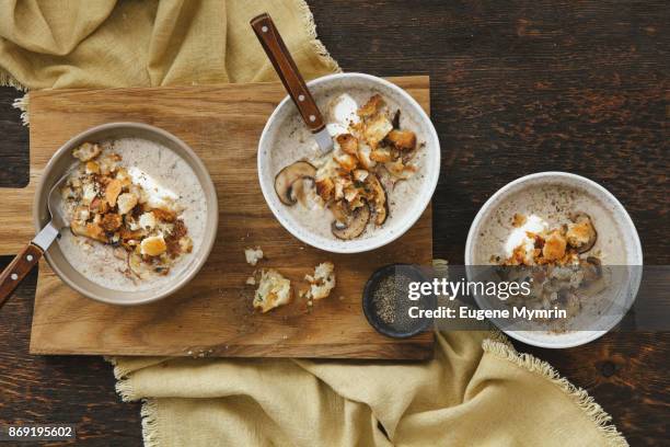 creamy mushroom and white bean soup with garlic croutons - eekhoorntjesbrood stockfoto's en -beelden