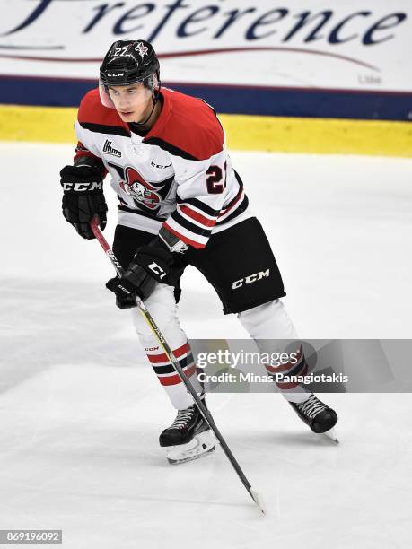 Pavel Koltygin of the Drummondville Voltigeurs skates during the warmup prior to the QMJHL game against the Blainville-Boisbriand Armada at Centre...